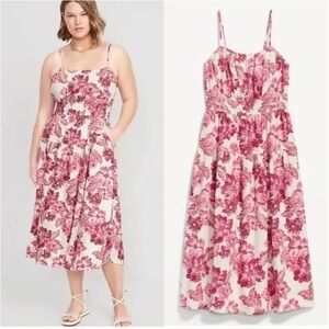 Old Navy Waist-Defined Pink Floral Linen Blend Midi‎ Dress Sz XL Boho Coquette